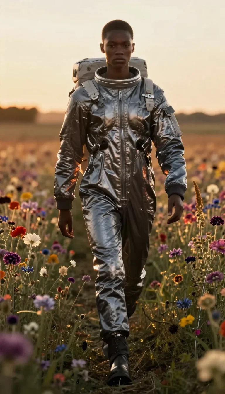 an astronaut in a reflective bodysuit among wildflowers in a confident cinematic stride, in a backlit golden-hour field,