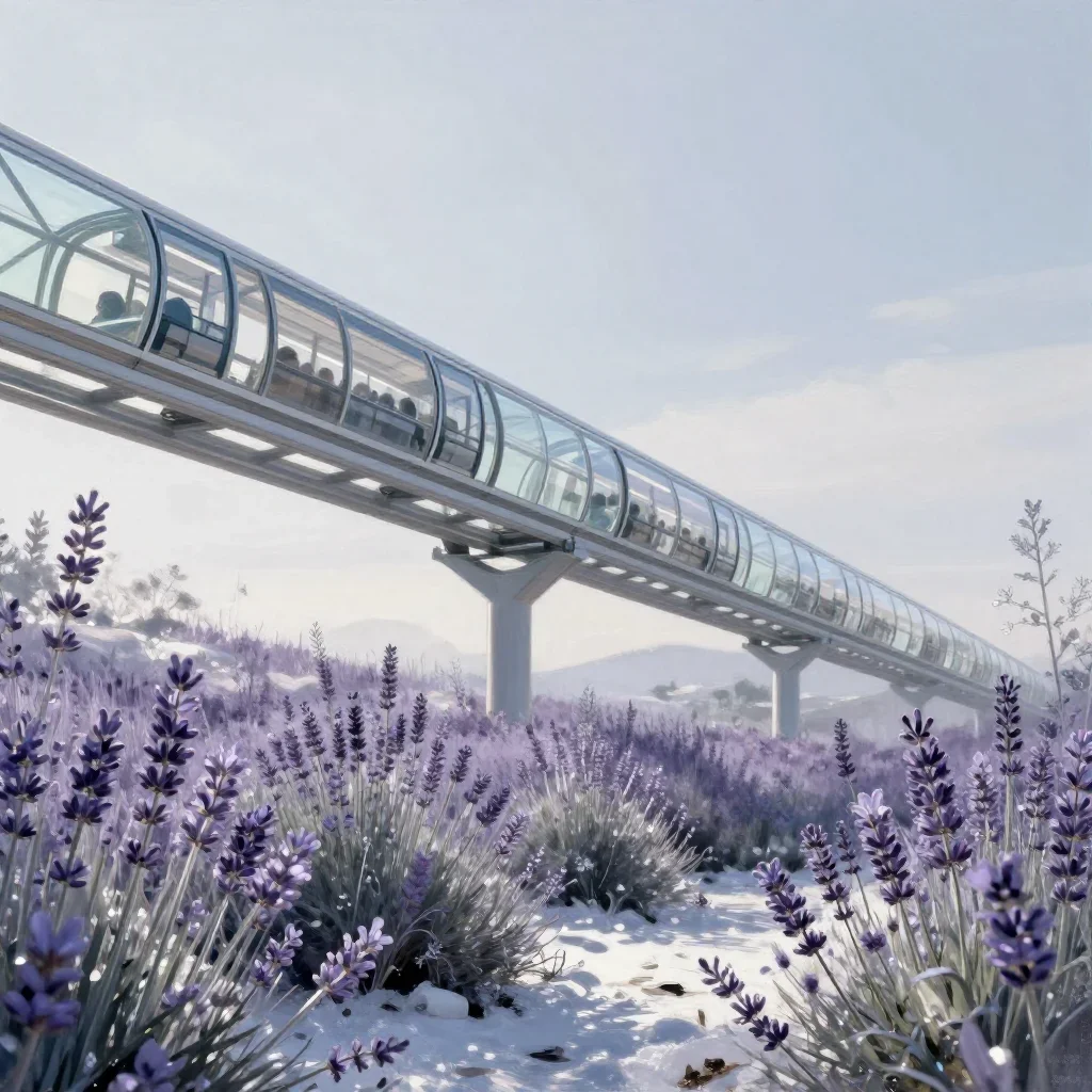 a glass monorail in crisp winter sunlight, contemporary botanical illustration, calm negative space, lavender and silver