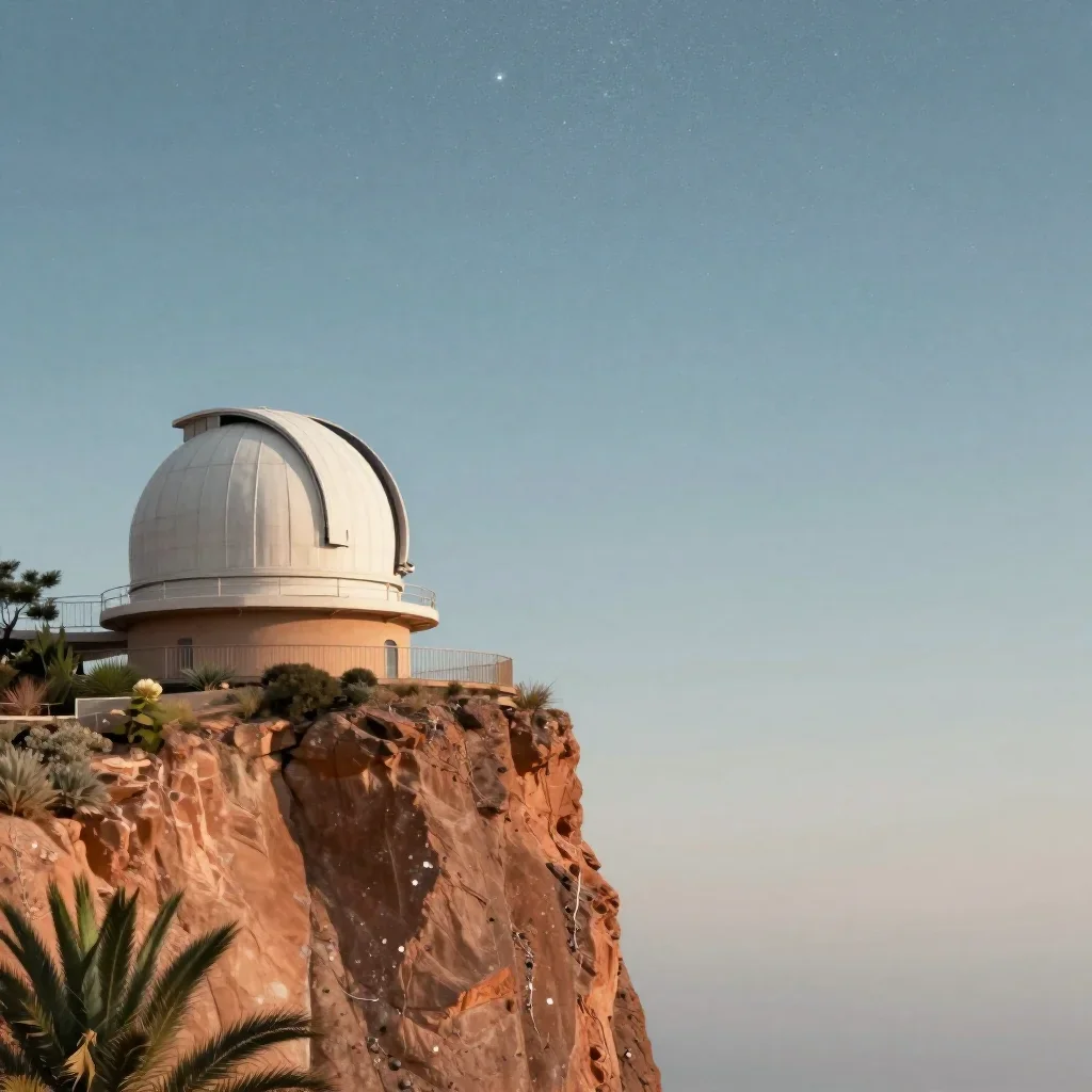 a cliffside observatory beneath a star-filled sky, contemporary botanical illustration, calm negative space, terracotta