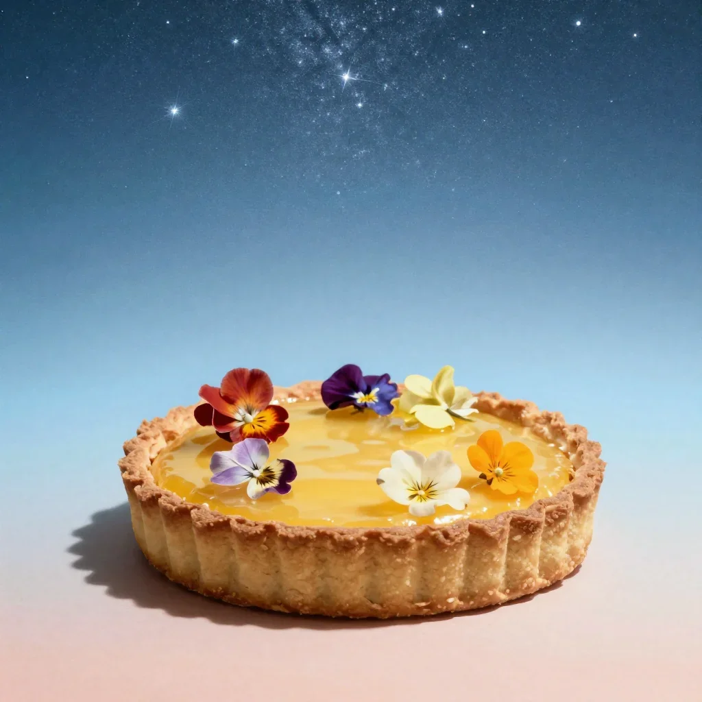 a citrus tart with edible flowers beneath a star-filled sky, museum-quality still-life photography, subtle film grain, t
