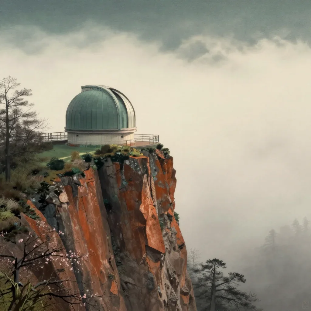 a cliffside observatory in early spring mist, Japanese woodblock-inspired editorial art, calm negative space, rust and s