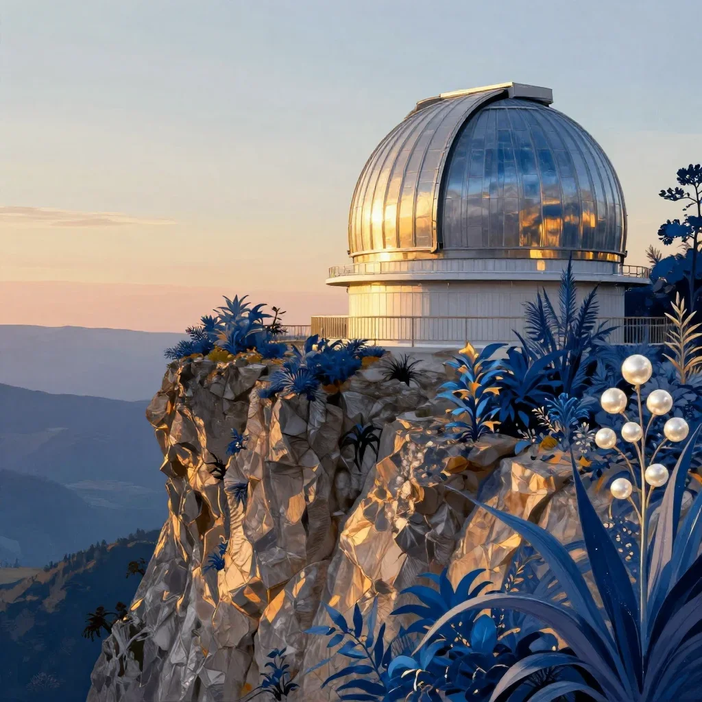 a cliffside observatory during golden hour, contemporary botanical illustration, gentle reflected light, indigo and pear