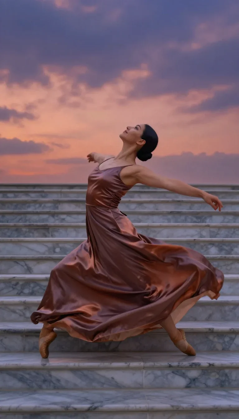 a dancer mid-spin in a silk maxi dress in a low lunge with a lifted chin, on a marble staircase at dawn, dreamlike fanta