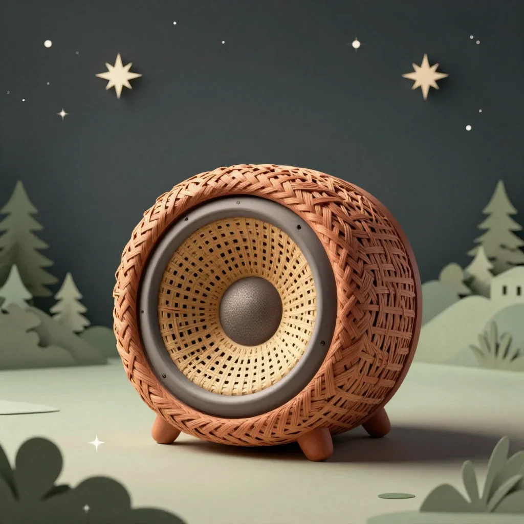 a woven fiber acoustic speaker beneath a star-filled sky, intricate paper-cut illustration, soft volumetric light, rust 