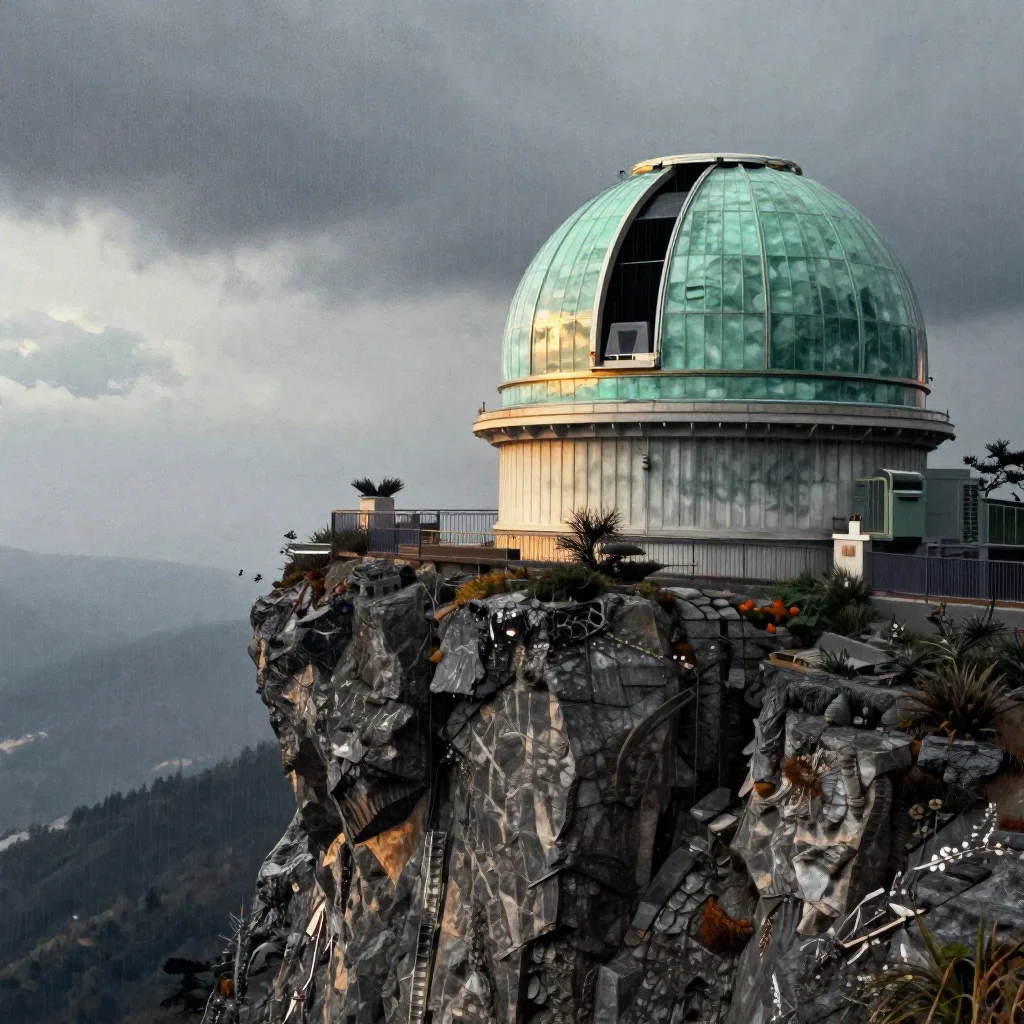 a cliffside observatory after warm summer rain, quiet science-fiction concept art, subtle film grain, jade and charcoal 