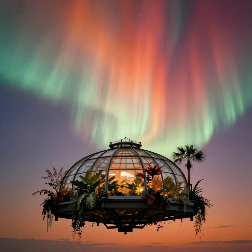 a floating botanical conservatory beneath an aurora, dreamlike fine-art landscape photography, subtle film grain, ochre 