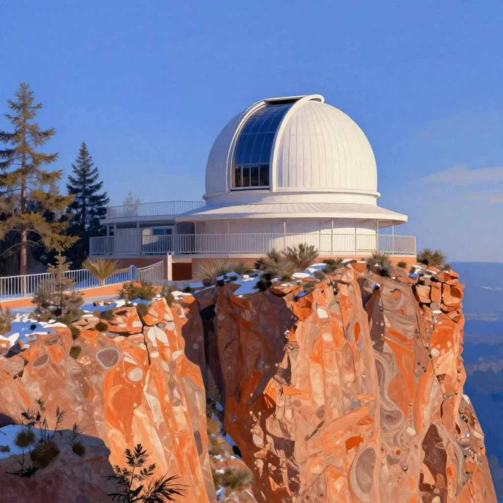 a cliffside observatory in crisp winter sunlight, contemporary botanical illustration, restrained color harmony, ochre a