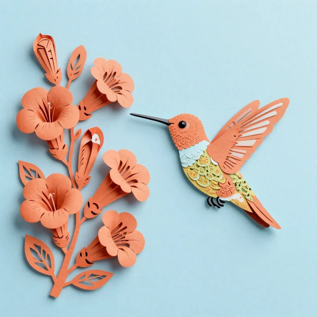 a hummingbird beside trumpet flowers at first light, intricate paper-cut illustration, restrained color harmony, terraco
