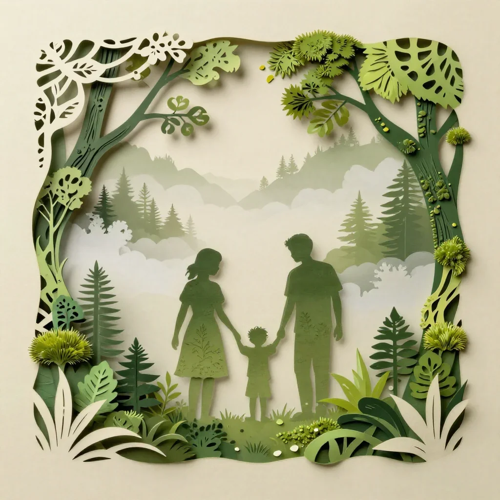 a cloud forest canopy in early spring mist, intricate paper-cut illustration, soft volumetric light, moss green and crea