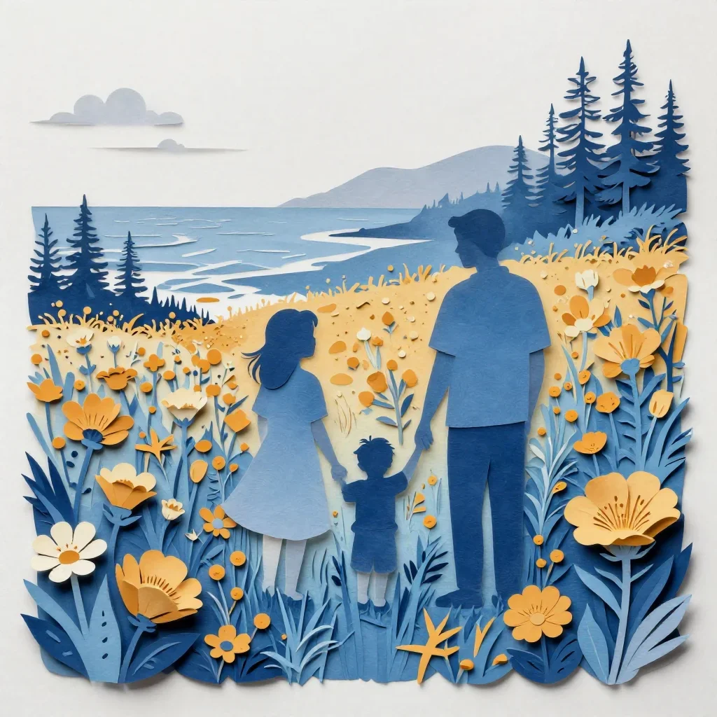 a field of giant wildflowers under overcast coastal light, intricate paper-cut illustration, clean natural textures, cob