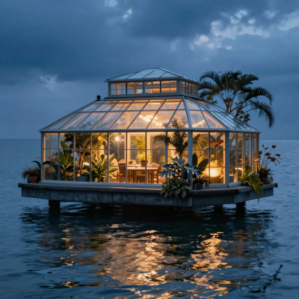 a floating botanical conservatory in a gentle sea breeze, cinematic architectural photography, gentle reflected light, c