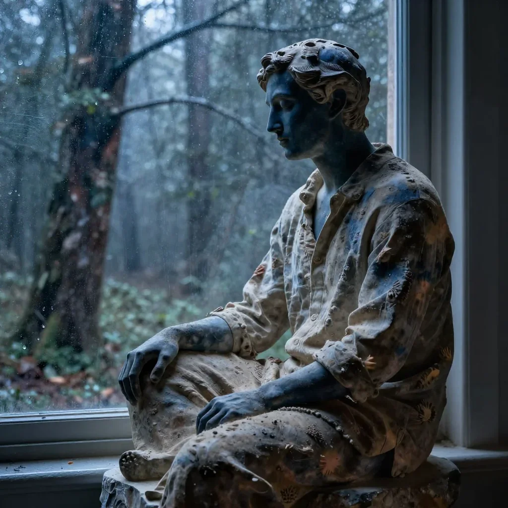 a sculptor at rest in a linen shirt, dust-hazed in a seated silhouette against a window, in a dewy forest clearing, edit