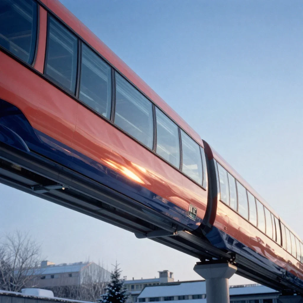 a glass monorail in crisp winter sunlight, cinematic architectural photography, crisp material detail, coral and midnigh