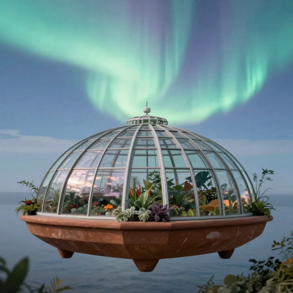 a floating botanical conservatory beneath an aurora, refined editorial travel photography, gentle reflected light, terra