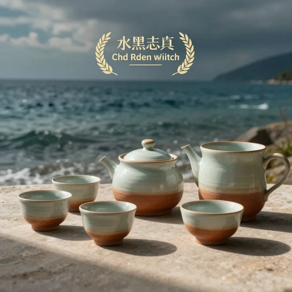 a hand-thrown ceramic tea set in a gentle sea breeze, dreamlike fine-art landscape photography, atmospheric depth, rust 