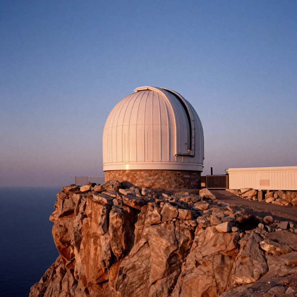 a cliffside observatory at blue hour, soft-grain analog film photography, crisp material detail, ochre and ultramarine p