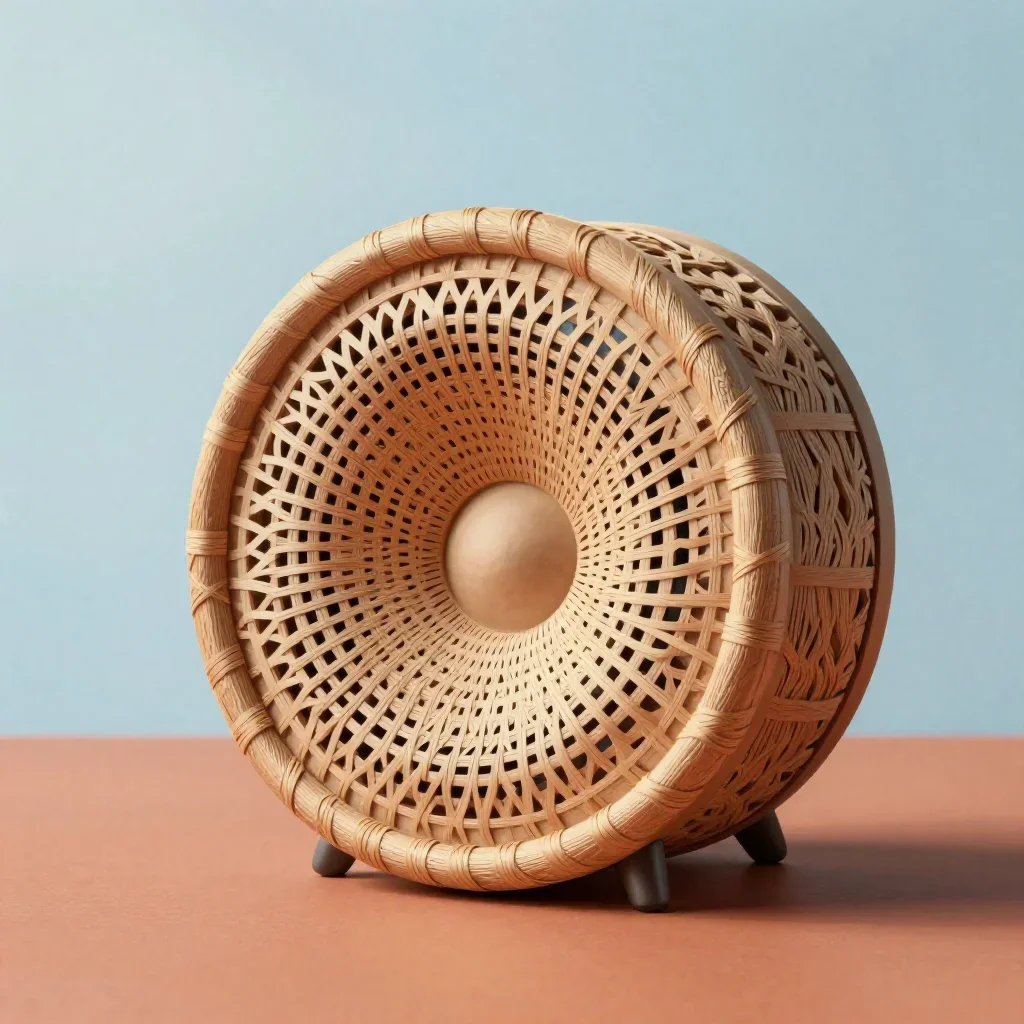 a woven fiber acoustic speaker at first light, intricate paper-cut illustration, clean natural textures, terracotta and 