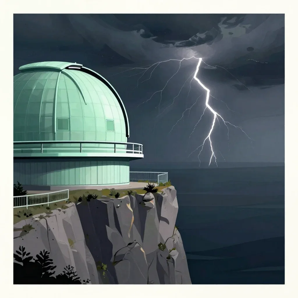 a cliffside observatory after a distant thunderstorm, modernist poster illustration, crisp material detail, jade and cha