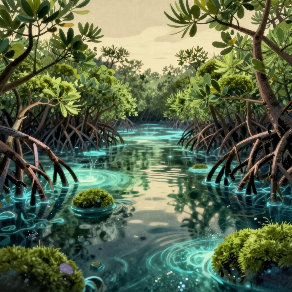 a bioluminescent mangrove lagoon in crisp winter sunlight, Japanese woodblock-inspired editorial art, shallow depth of f