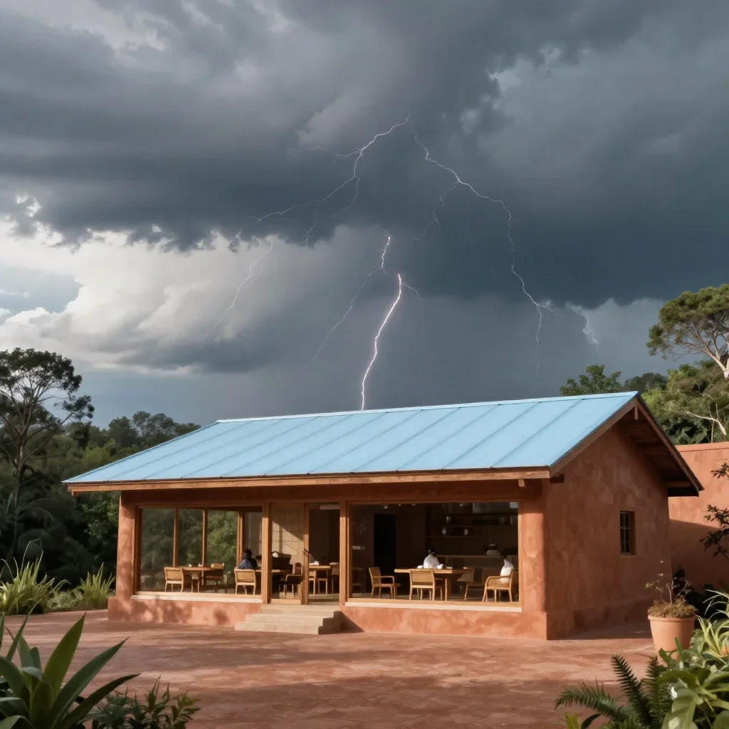 a forest tea house after a distant thunderstorm, cinematic architectural photography, soft volumetric light, terracotta 