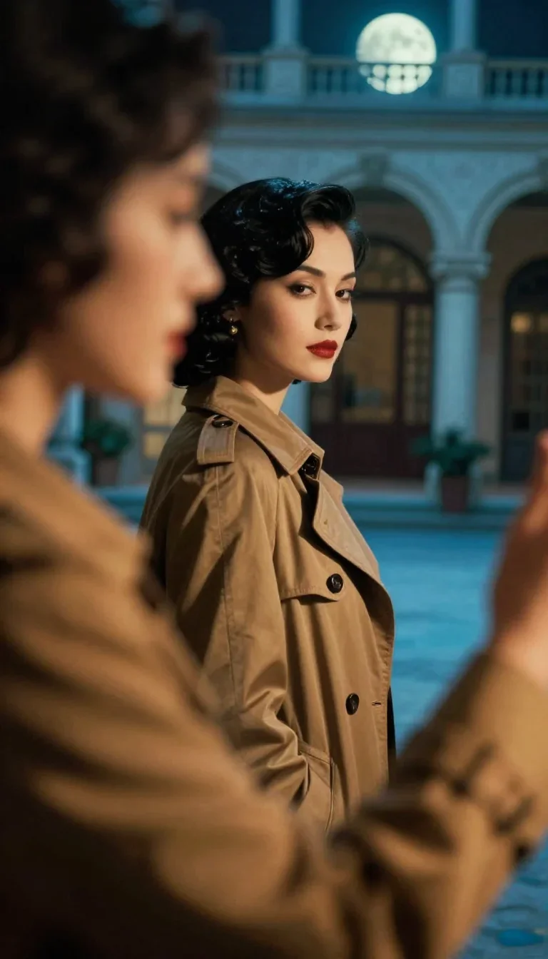 a noir detective's femme fatal muse in a trench coat in a coy glance from under lowered lashes, in a moonlit palace cour