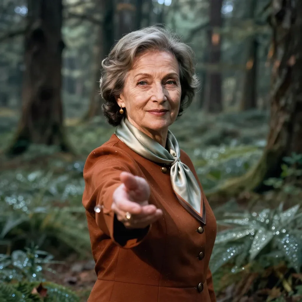 an elegant older stateswoman in a silk scarf in a gentle reach toward the lens, in a dewy forest clearing, National Geog