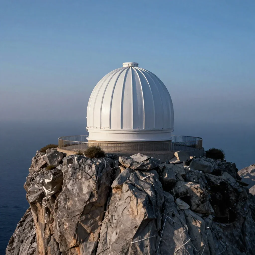 a cliffside observatory in quiet late-afternoon haze, refined editorial travel photography, crisp material detail, indig
