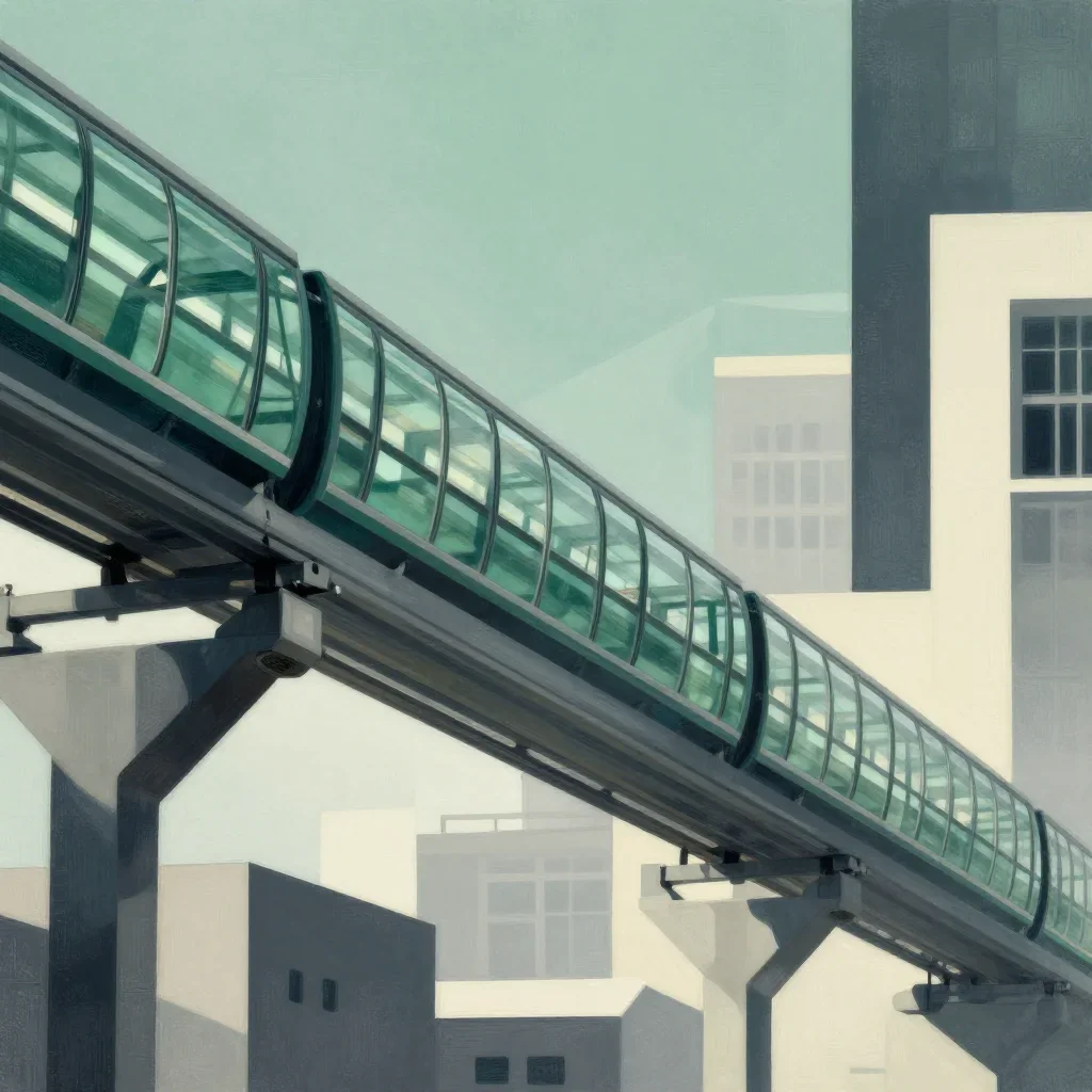 a glass monorail in crisp winter sunlight, modernist poster illustration, careful geometric composition, jade and charco