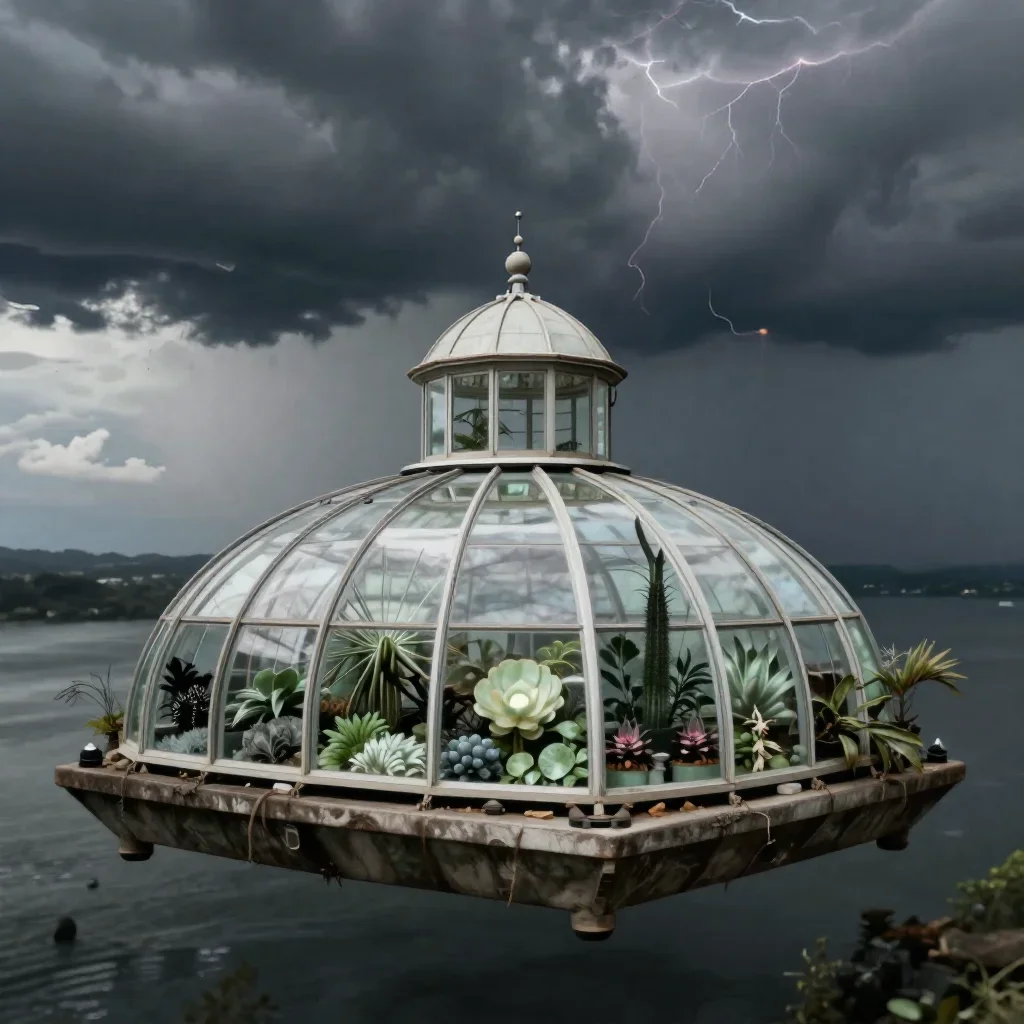 a floating botanical conservatory after a distant thunderstorm, refined editorial travel photography, restrained color harmony, jade and charcoal palette, no people, no text, no logo, no watermark
