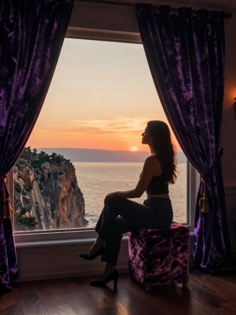 a travel influencer posing on a cliffside at golden hour in a seated silhouette against a window, in a velvet-curtained 