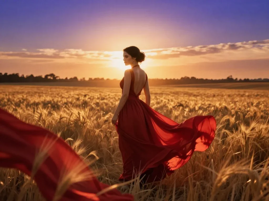 a femme fatale in a crimson backless gown mid-turn with fabric catching the light, in a backlit golden-hour field, Natio