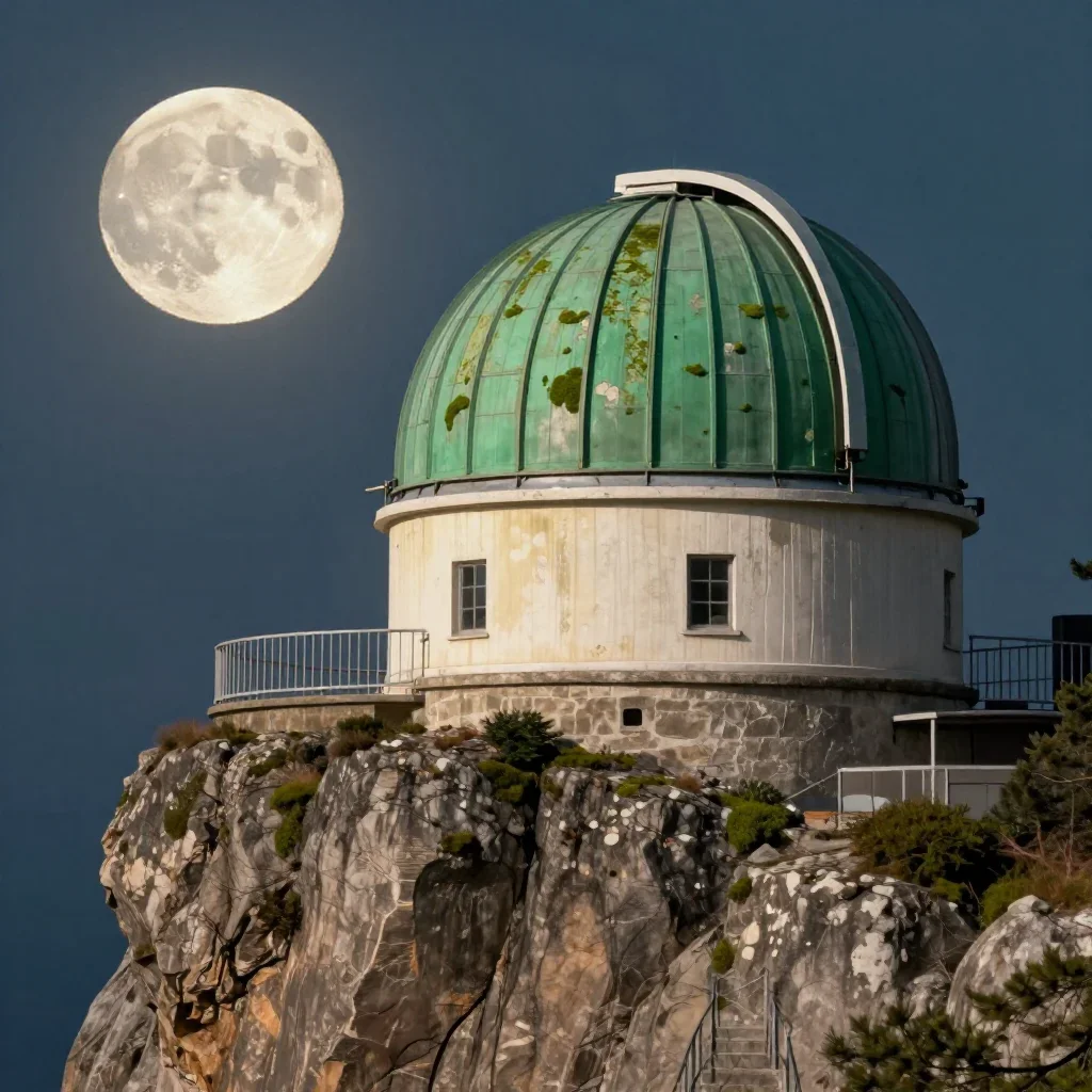 a cliffside observatory at moonrise, museum-quality still-life photography, weathered tactile surfaces, moss green and c