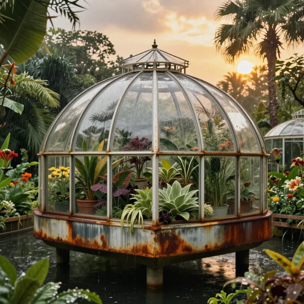 a floating botanical conservatory after warm summer rain, dreamlike fine-art landscape photography, clean natural textur