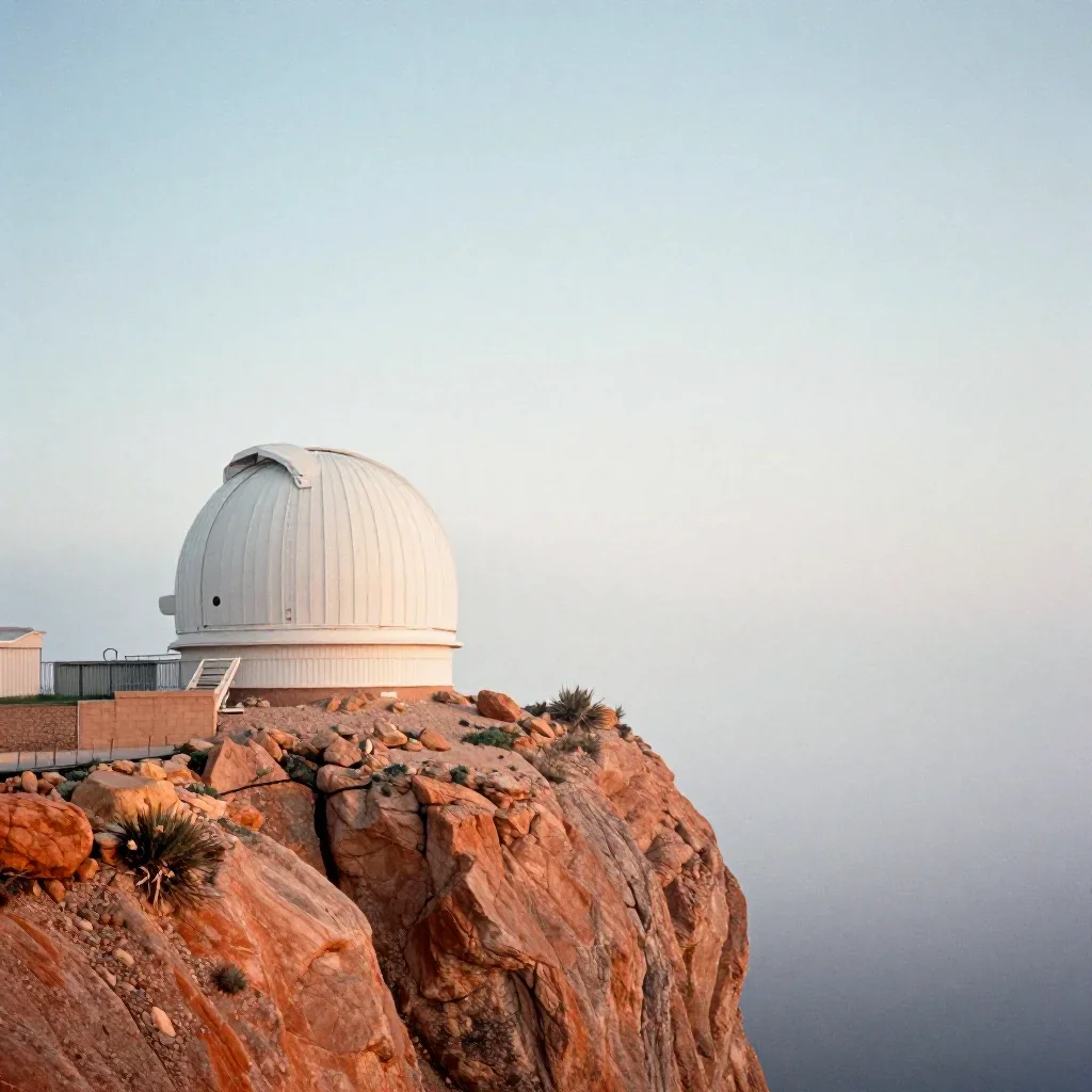 a cliffside observatory under soft dawn fog, soft-grain analog film photography, clean natural textures, terracotta and 