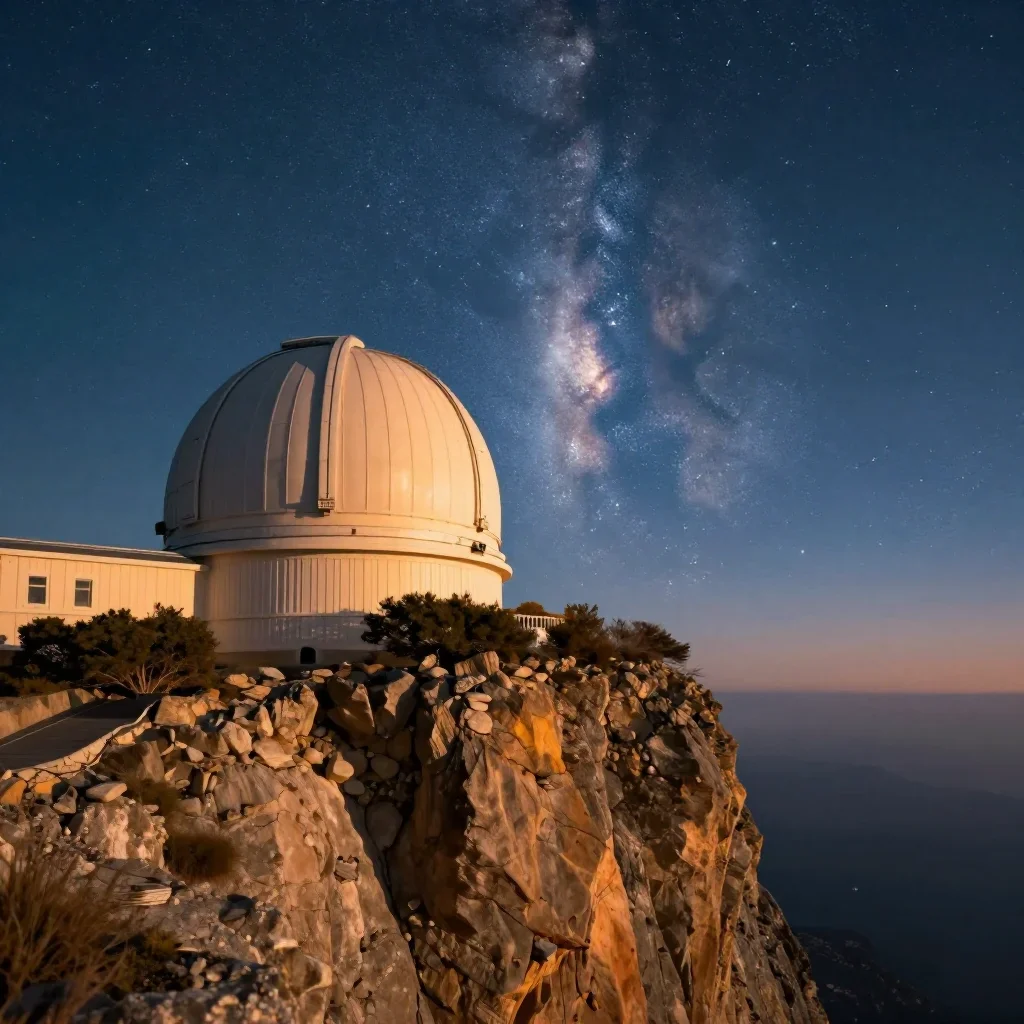 a cliffside observatory beneath a star-filled sky, refined editorial travel photography, soft volumetric light, cobalt a