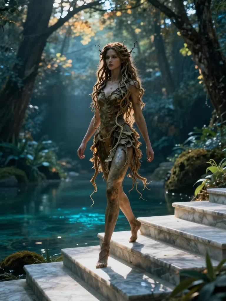 a dryad with vine-woven hair in a forest pool in a confident cinematic stride, on a marble staircase at dawn, cinematic film still, atmospheric depth, cobalt and amber palette, no text, no logo, no watermark