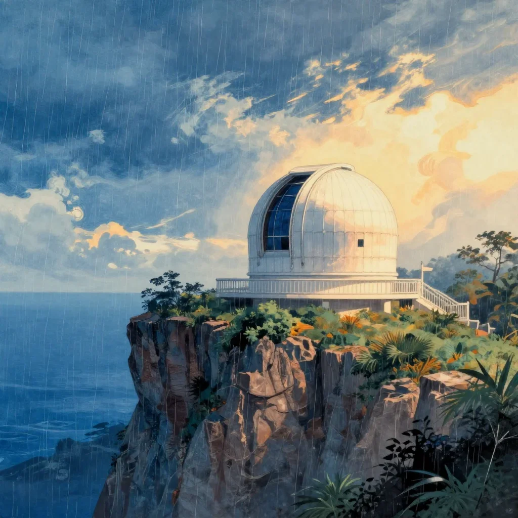 a cliffside observatory after warm summer rain, Japanese woodblock-inspired editorial art, soft volumetric light, cobalt