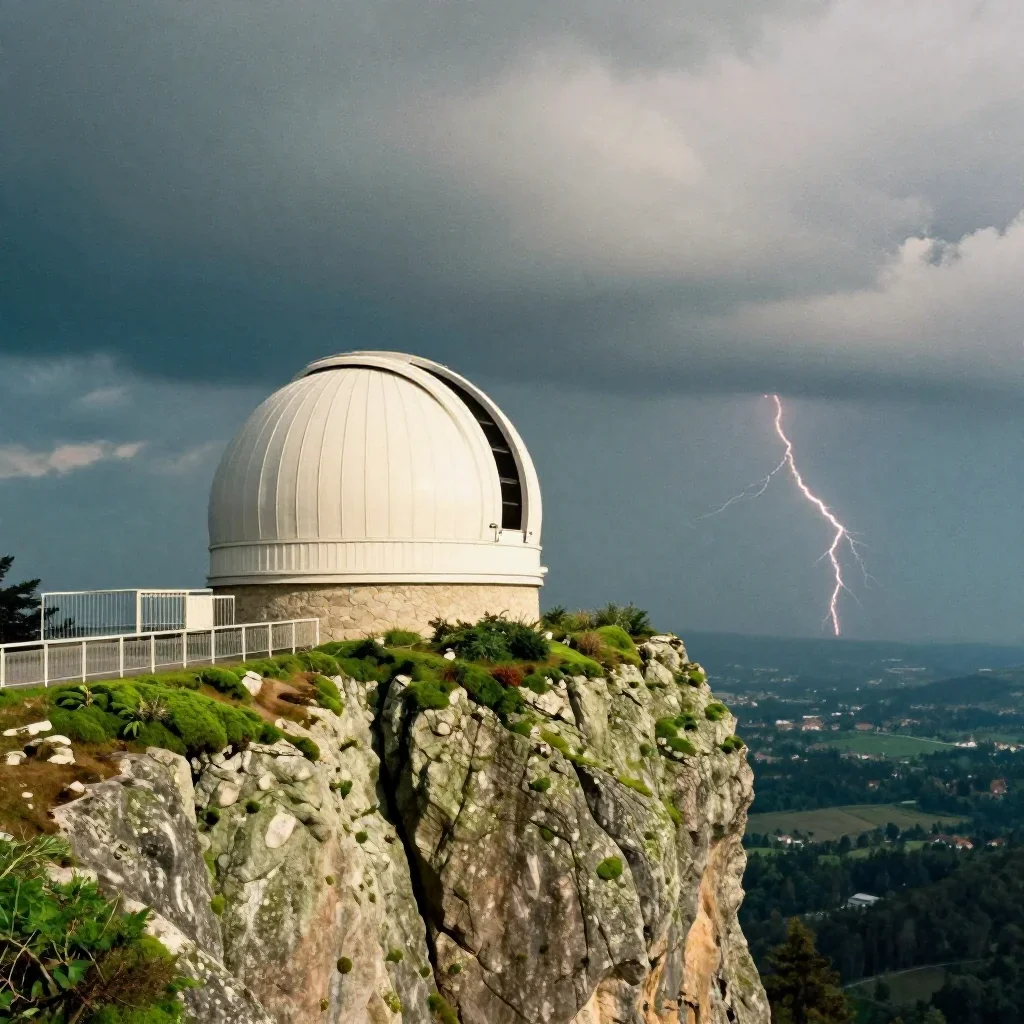 a cliffside observatory after a distant thunderstorm, dreamlike fine-art landscape photography, subtle film grain, moss
