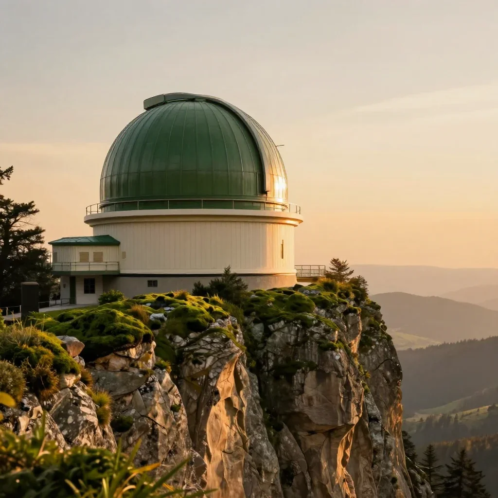 a cliffside observatory during golden hour, museum-quality still-life photography, gentle reflected light, moss green an