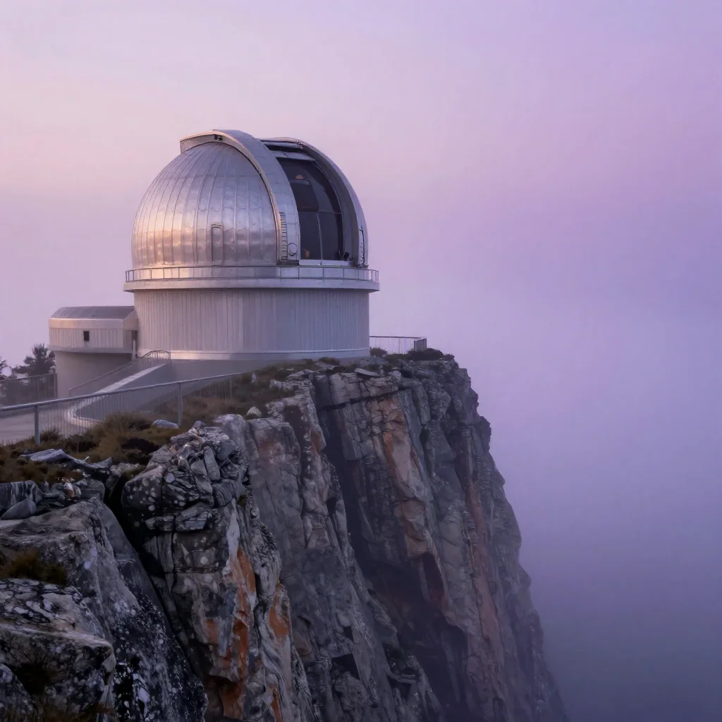 a cliffside observatory under soft dawn fog, high-end design magazine photography, atmospheric depth, lavender and silve