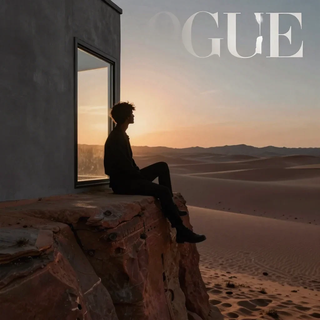 a travel influencer posing on a cliffside at golden hour in a seated silhouette against a window, in a silent desert at twilight, Vogue-style studio portraiture, soft volumetric light, garnet and warm grey palette, no...