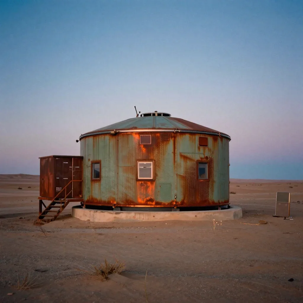a desert research station at blue hour, soft-grain analog film photography, subtle film grain, rust and sage palette, no