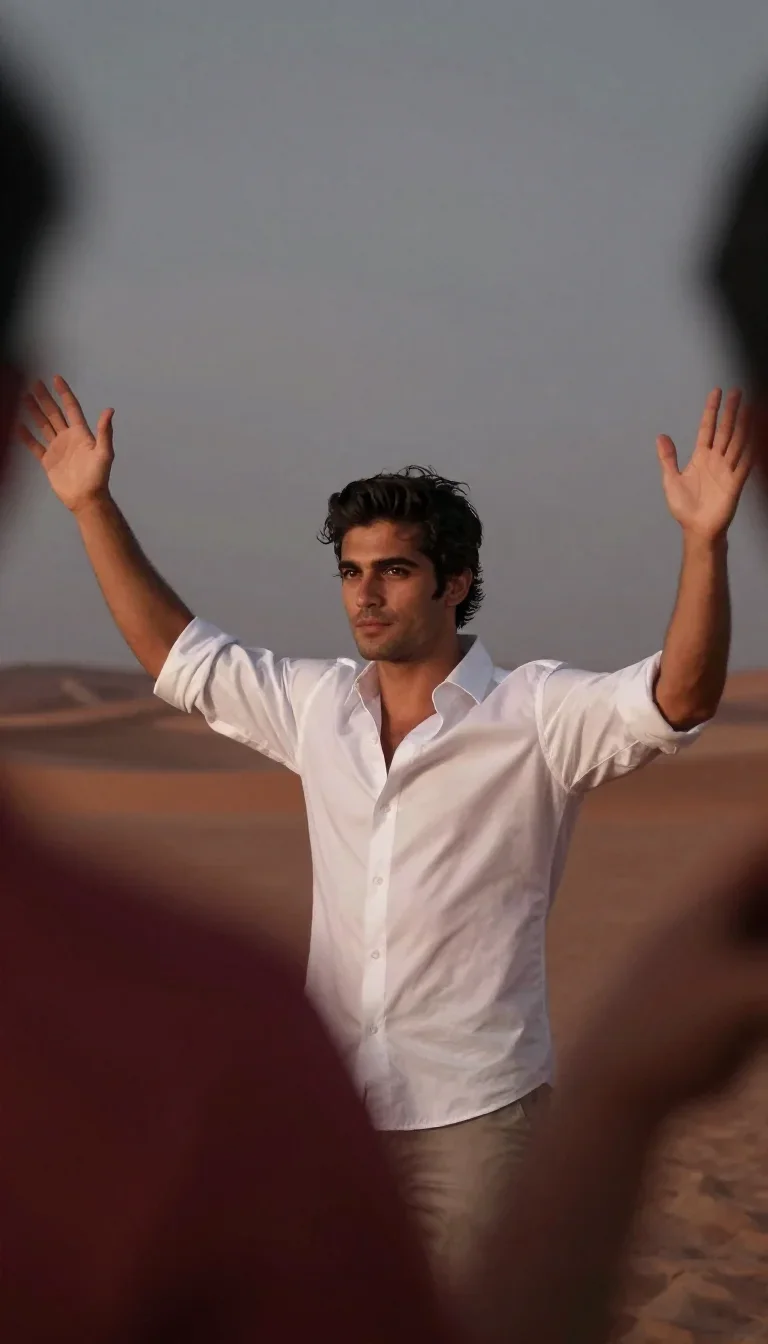 a handsome man in a rolled-sleeve white shirt in a bold, open-armed welcome, in a silent desert at twilight, bold Helmut