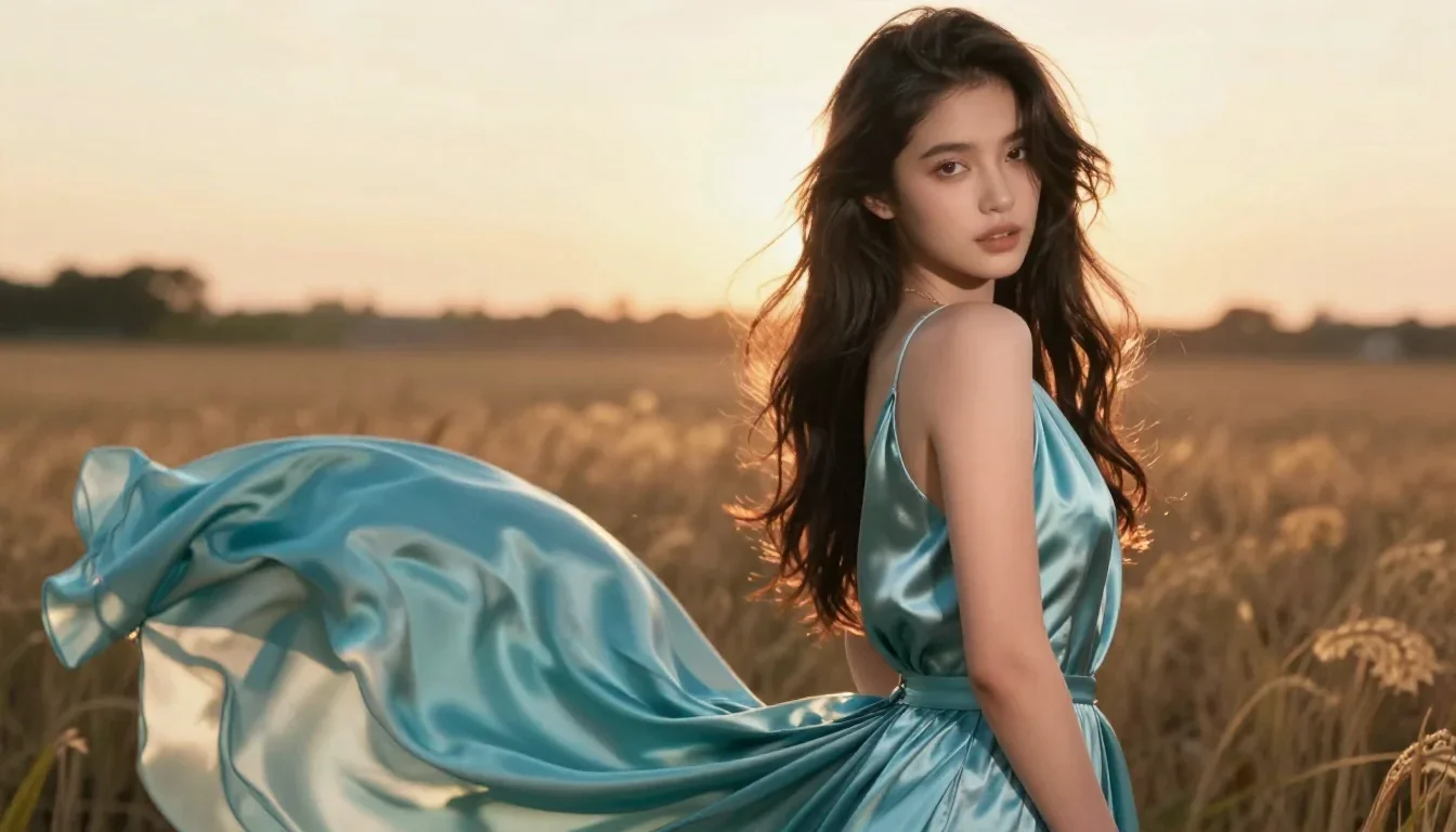 a young woman in a flowing silk gown in an alluring over-the-shoulder glance, in a backlit golden-hour field, editorial 