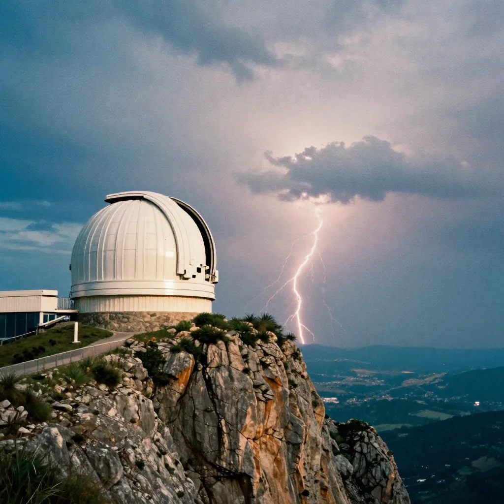 a cliffside observatory after a distant thunderstorm, soft-grain analog film photography, subtle film grain, cobalt and 