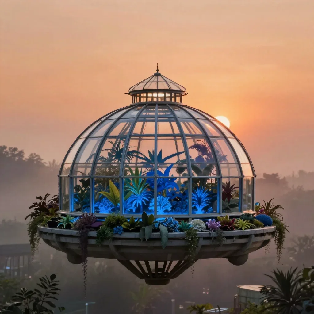 a floating botanical conservatory in quiet late-afternoon haze, high-end design magazine photography, restrained color h