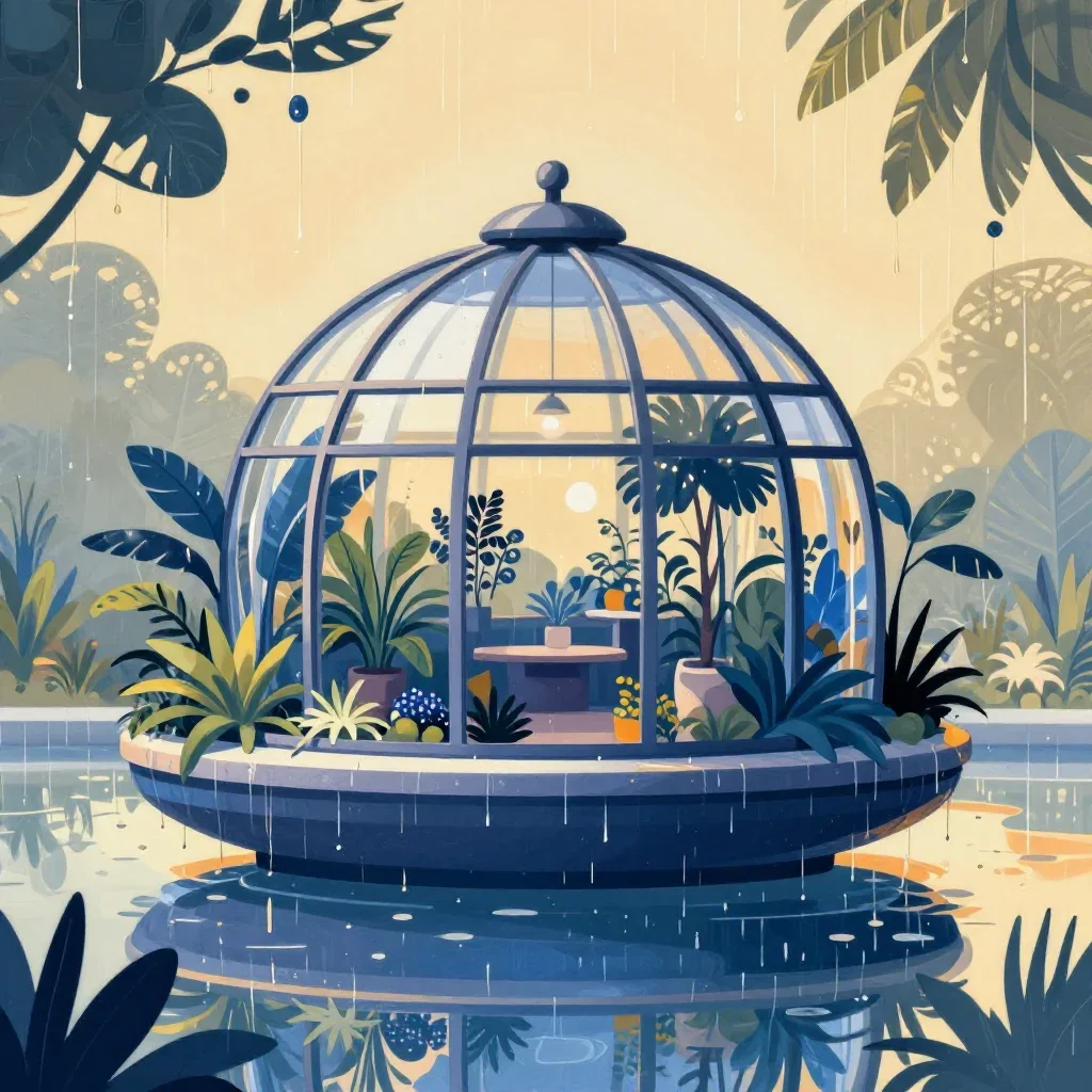 a floating botanical conservatory after warm summer rain, contemporary botanical illustration, gentle reflected light, c