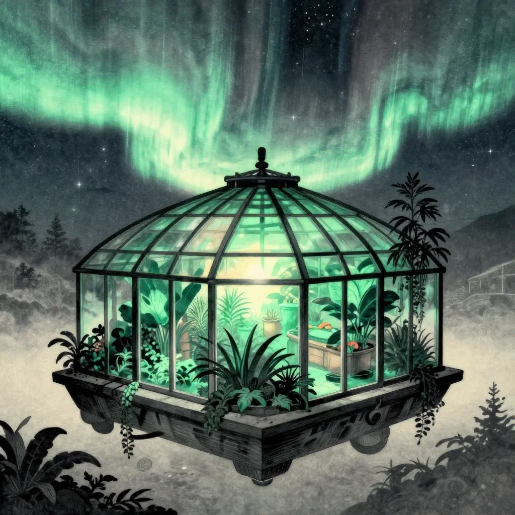 a floating botanical conservatory beneath an aurora, Japanese woodblock-inspired editorial art, soft volumetric light, j
