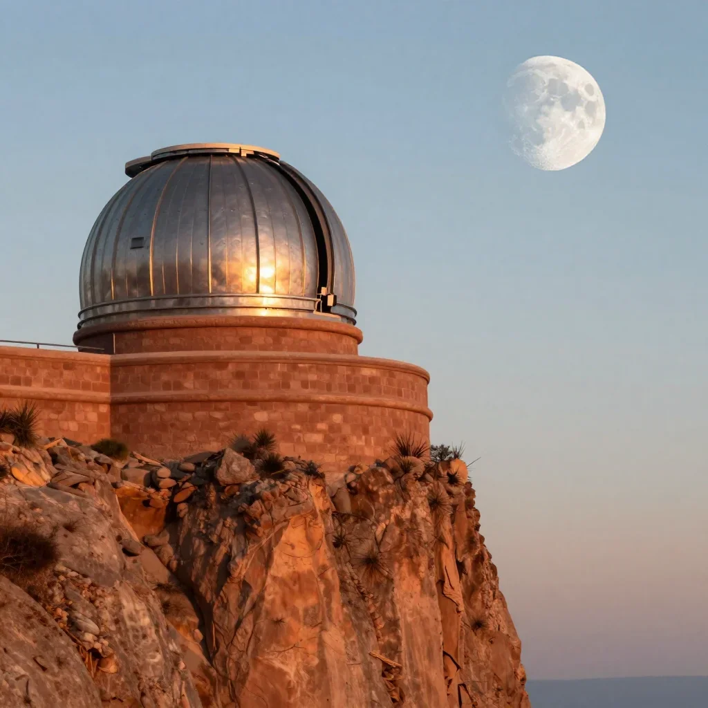 a cliffside observatory at moonrise, cinematic architectural photography, gentle reflected light, terracotta and pale sk