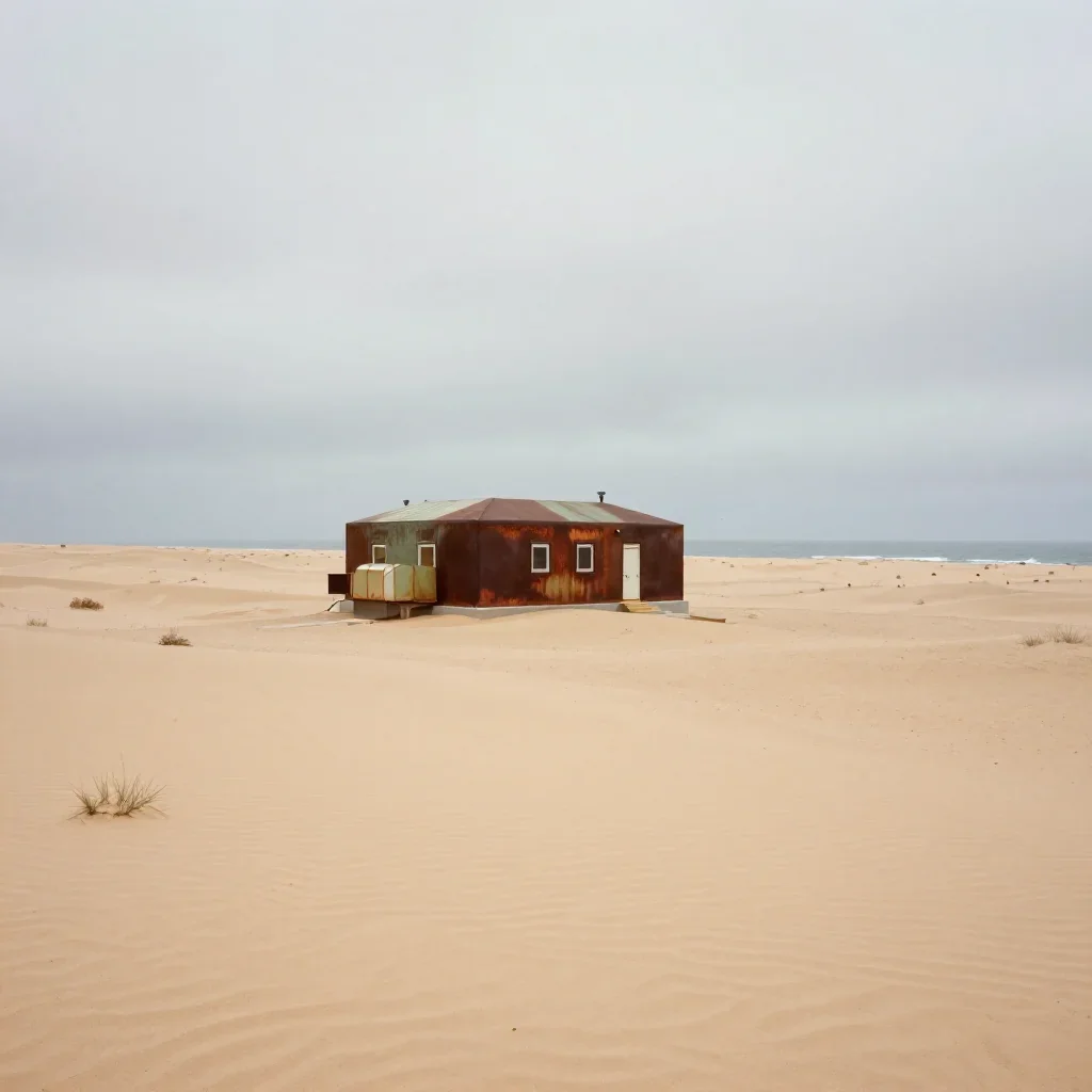 a desert research station under overcast coastal light, dreamlike fine-art landscape photography, calm negative space, r